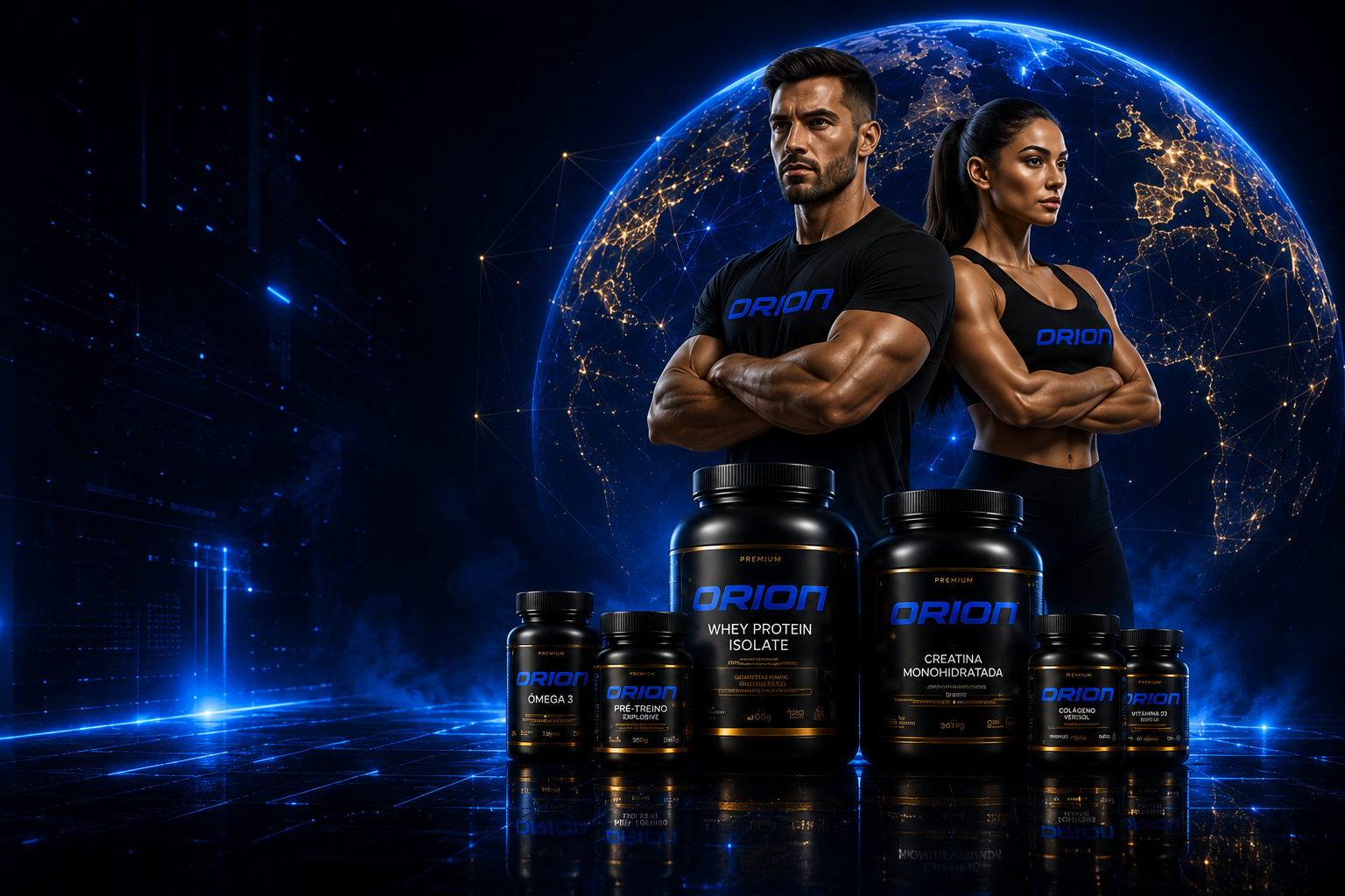 Casal de atletas Orion com produtos premium e globo digital ao fundo
